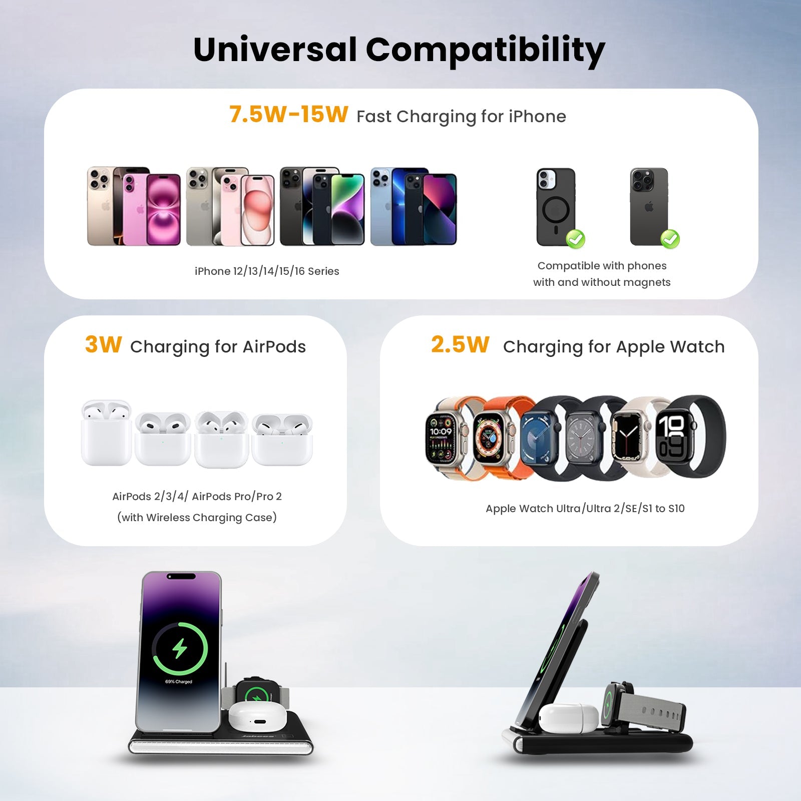 PowerGlow - Jabees PowerGlow 4-In-1 Foldable Wireless Charging Station with LED Night Light