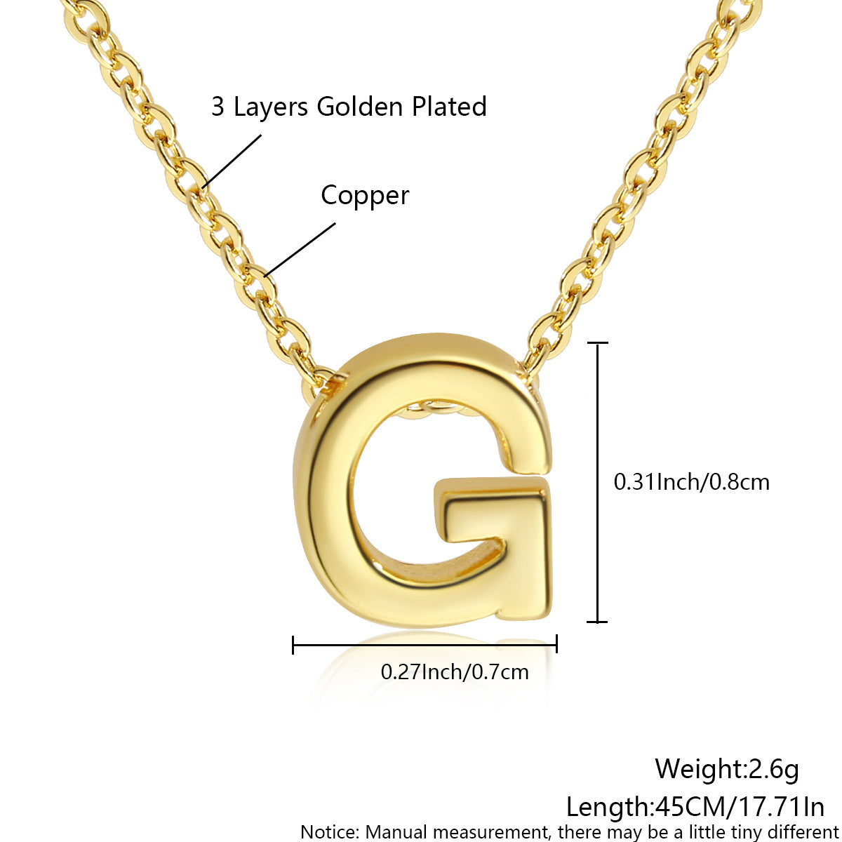 Gold-Plated Copper Necklace With 26 Uppercase English Letters Finely Polished Perforated Pendant On An Exquisite Chain
