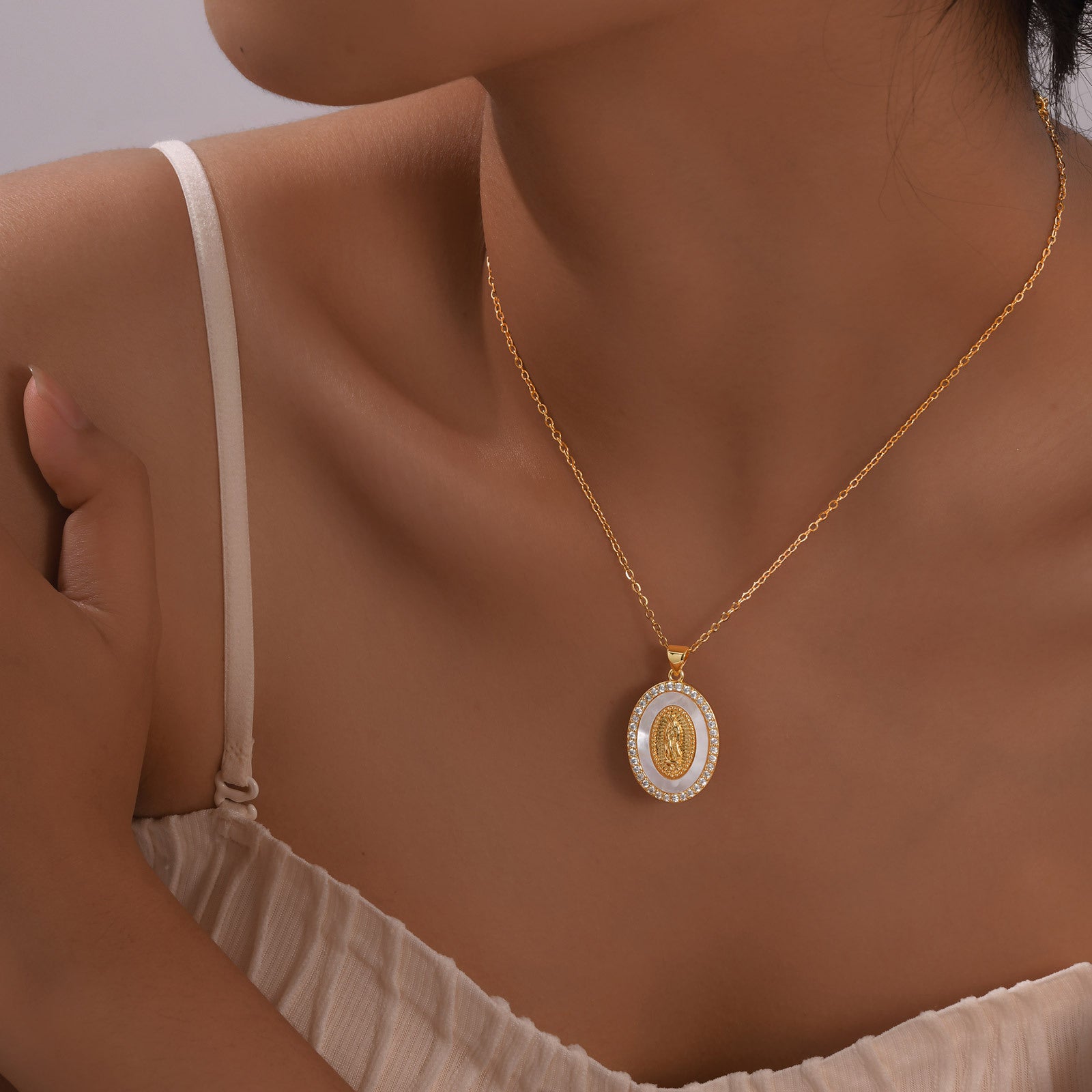 Oval Shell Madonna Pendant Gold Necklace