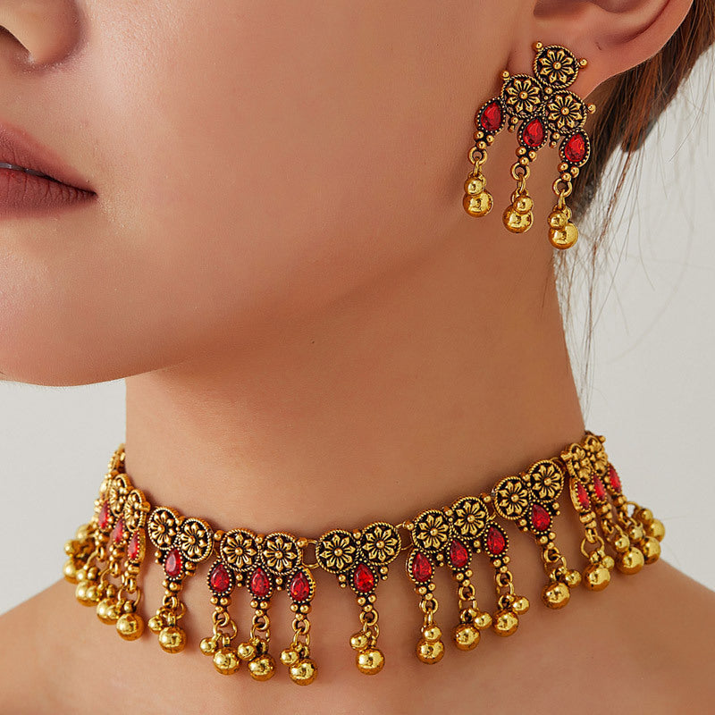 Vintage Gold Gemstone Necklace Earring Set