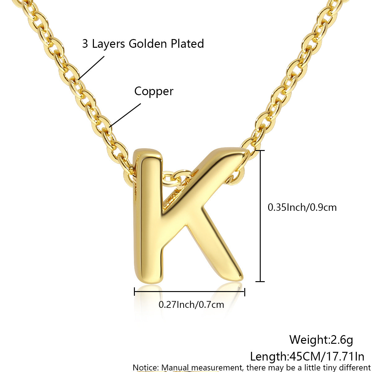 Gold-Plated Copper Necklace With 26 Uppercase English Letters Finely Polished Perforated Pendant On An Exquisite Chain