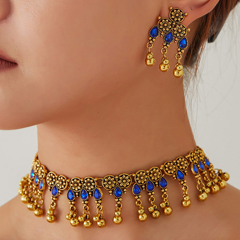 Vintage Gold Gemstone Necklace Earring Set