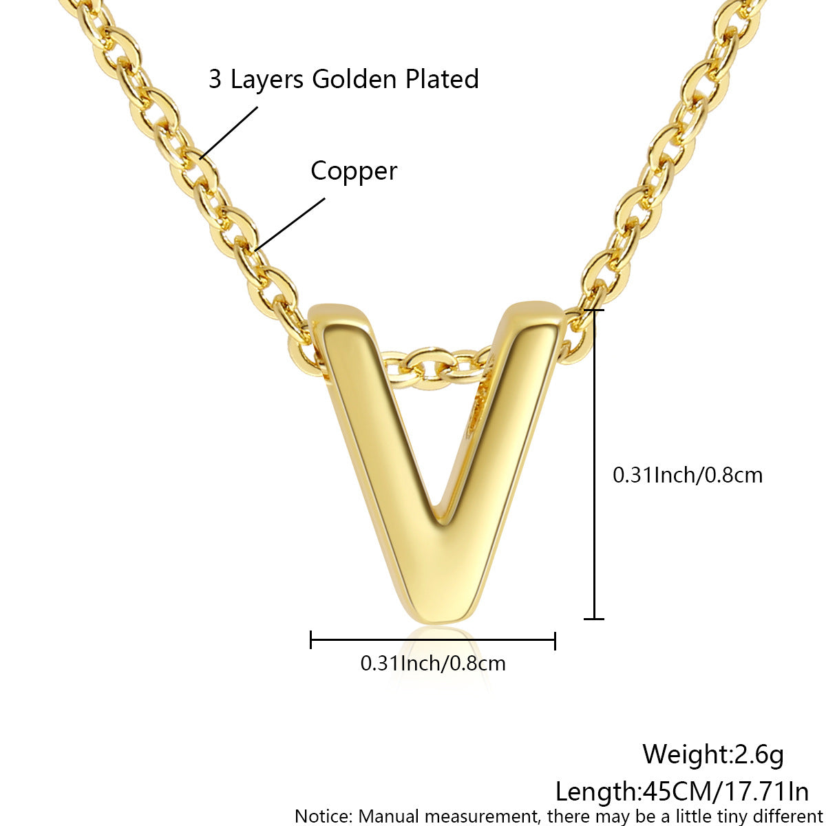 Gold-Plated Copper Necklace With 26 Uppercase English Letters Finely Polished Perforated Pendant On An Exquisite Chain