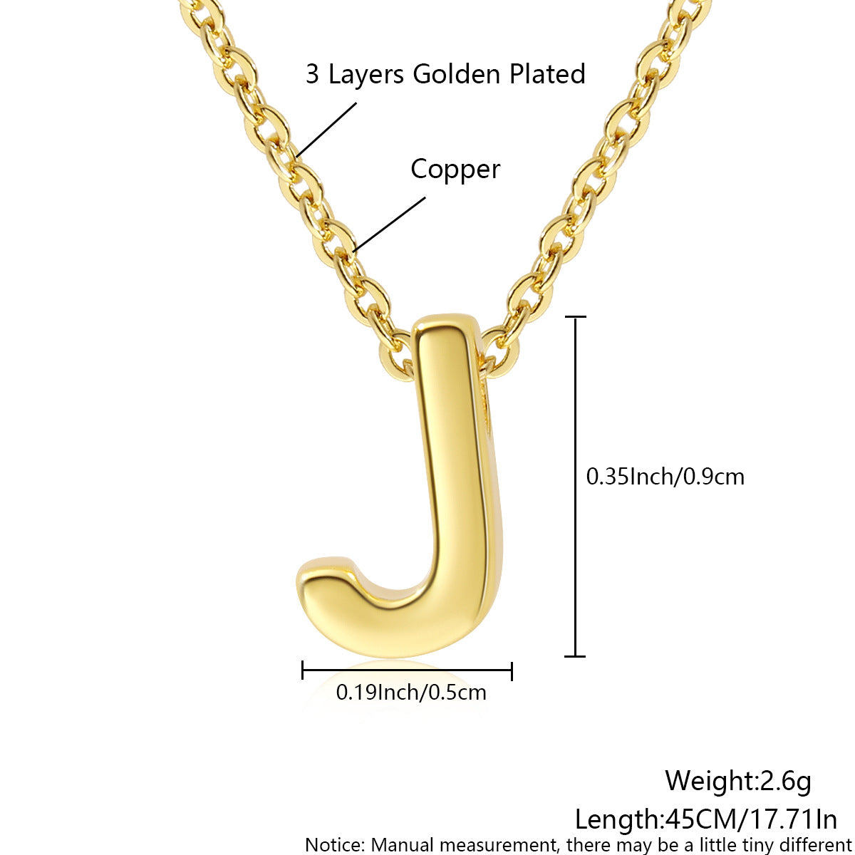 Gold-Plated Copper Necklace With 26 Uppercase English Letters Finely Polished Perforated Pendant On An Exquisite Chain