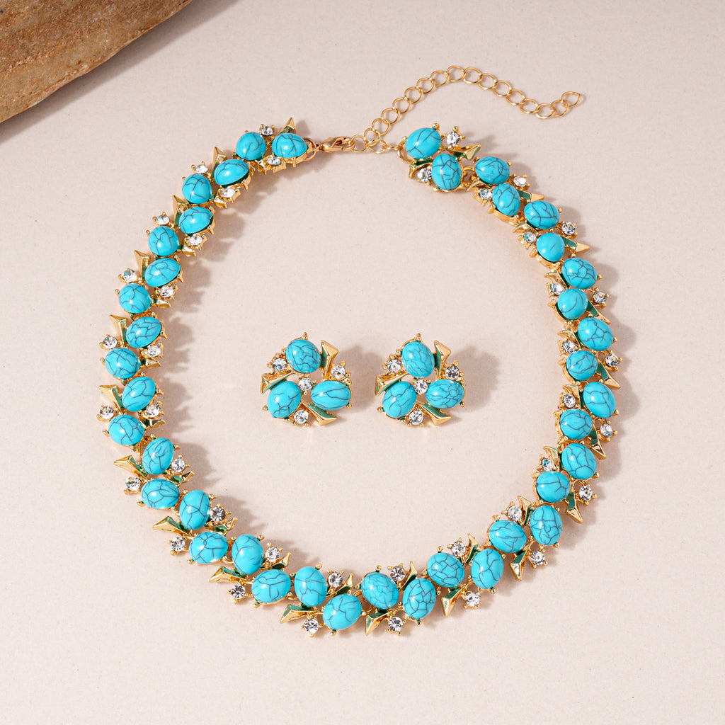 Ethnic Style Zircon Turquoise Flower Necklace Earrings Jewelry
