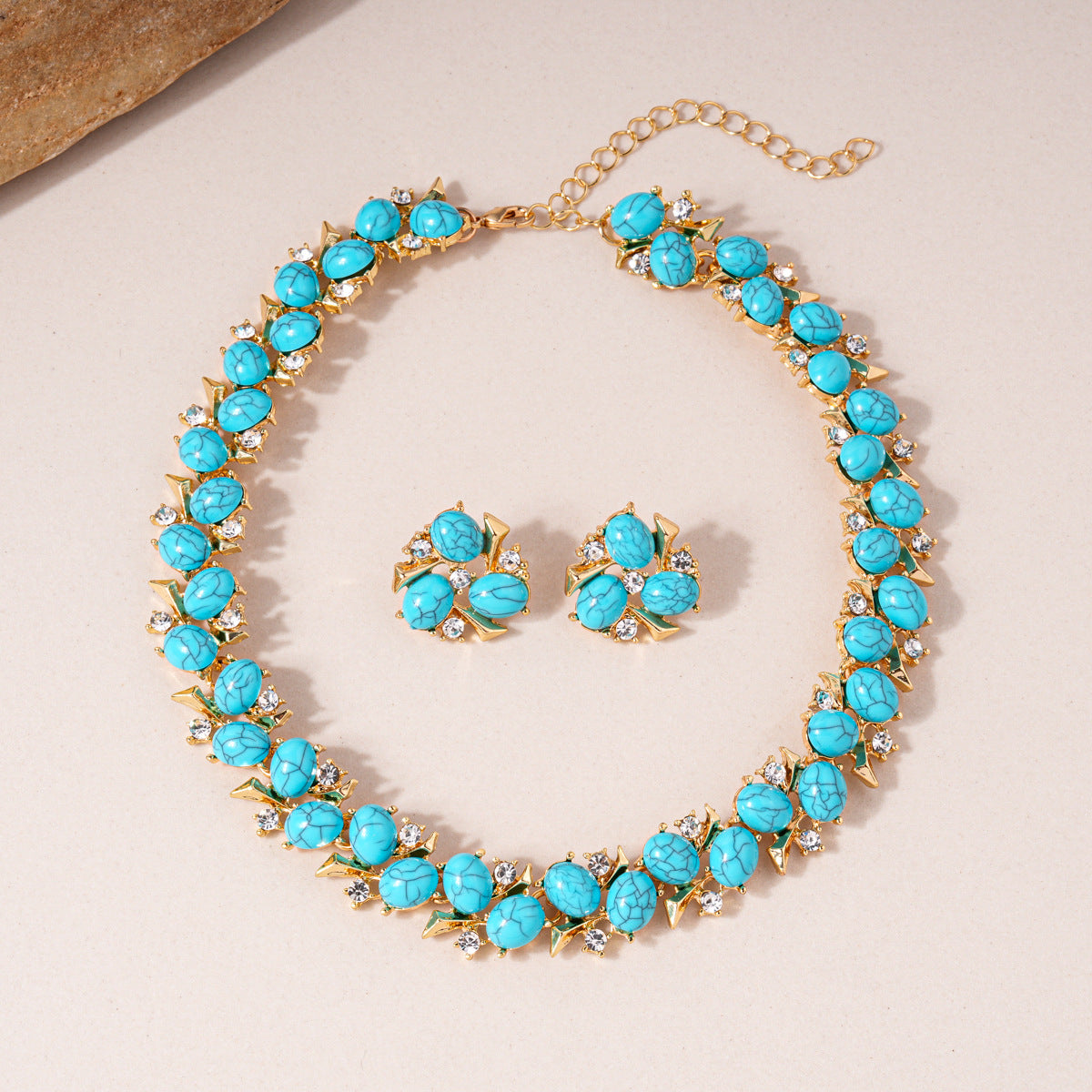 Ethnic Style Zircon Turquoise Flower Necklace Earrings Jewelry