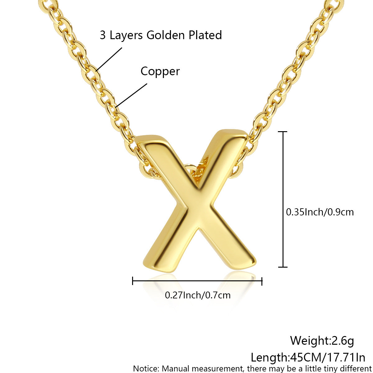 Gold-Plated Copper Necklace With 26 Uppercase English Letters Finely Polished Perforated Pendant On An Exquisite Chain