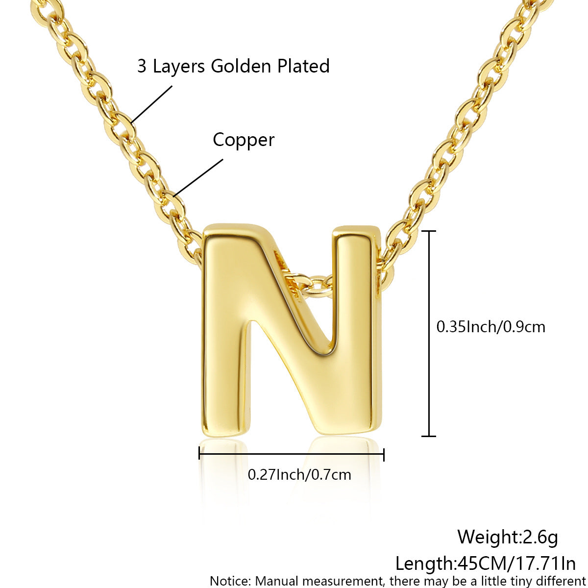 Gold-Plated Copper Necklace With 26 Uppercase English Letters Finely Polished Perforated Pendant On An Exquisite Chain