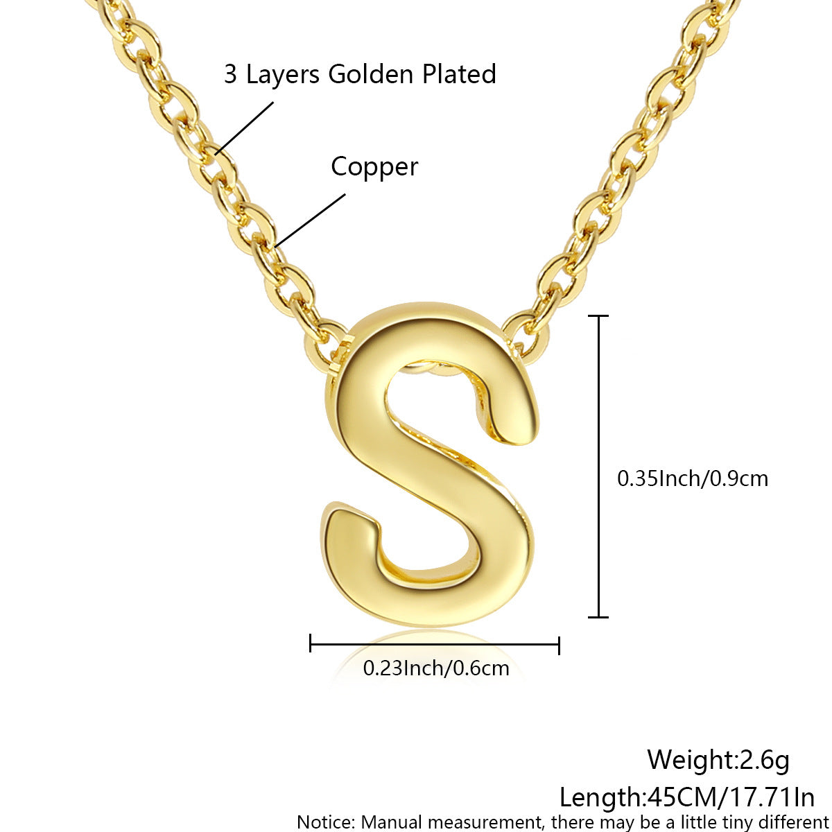 Gold-Plated Copper Necklace With 26 Uppercase English Letters Finely Polished Perforated Pendant On An Exquisite Chain