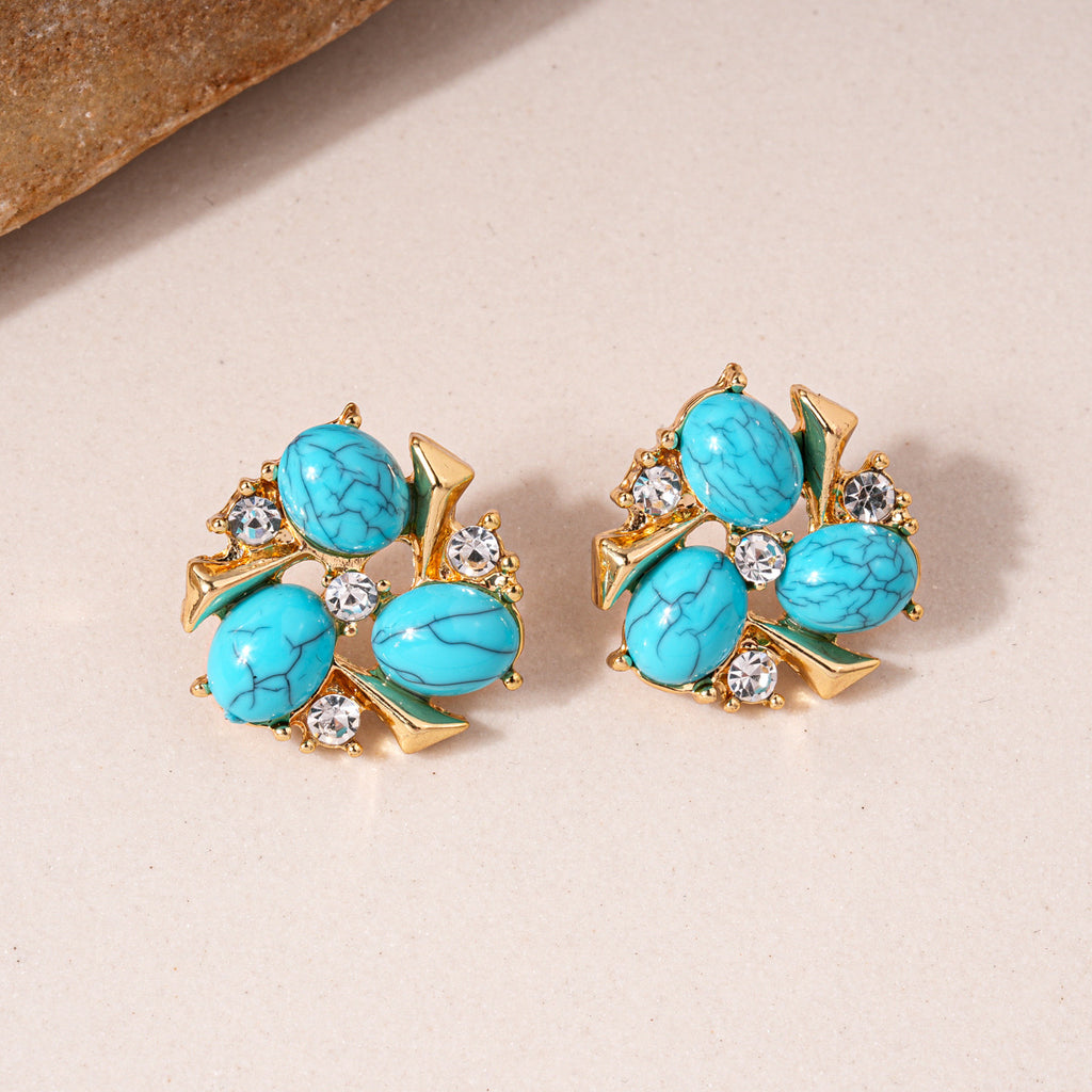 Ethnic Style Zircon Turquoise Flower Necklace Earrings Jewelry