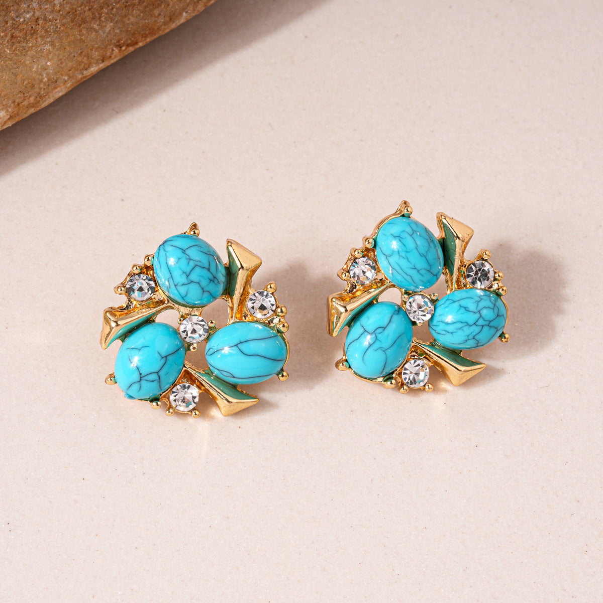 Ethnic Style Zircon Turquoise Flower Necklace Earrings Jewelry