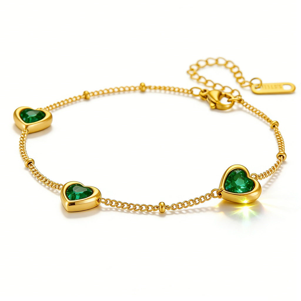 Stainless Steel Necklace And Bracelet With Inlaid Green Diamond Hearts