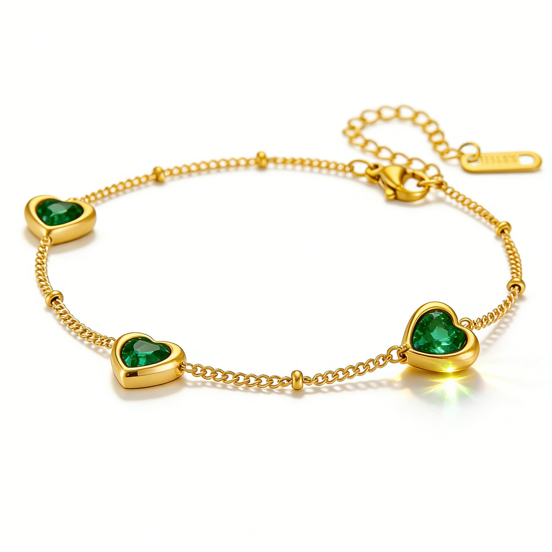 Stainless Steel Necklace And Bracelet With Inlaid Green Diamond Hearts