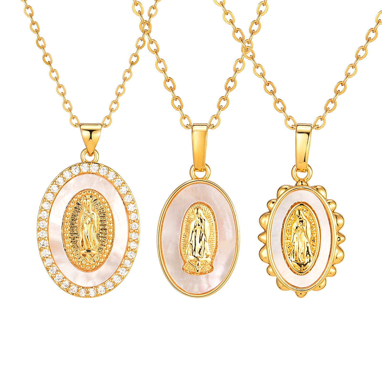 Oval Shell Madonna Pendant Gold Necklace