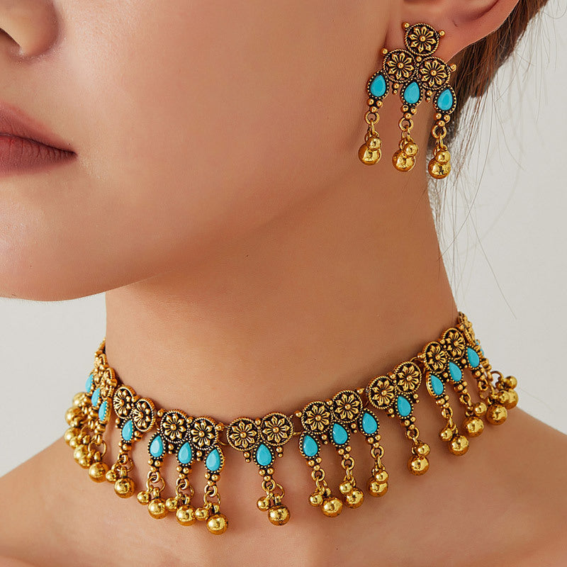 Vintage Gold Gemstone Necklace Earring Set