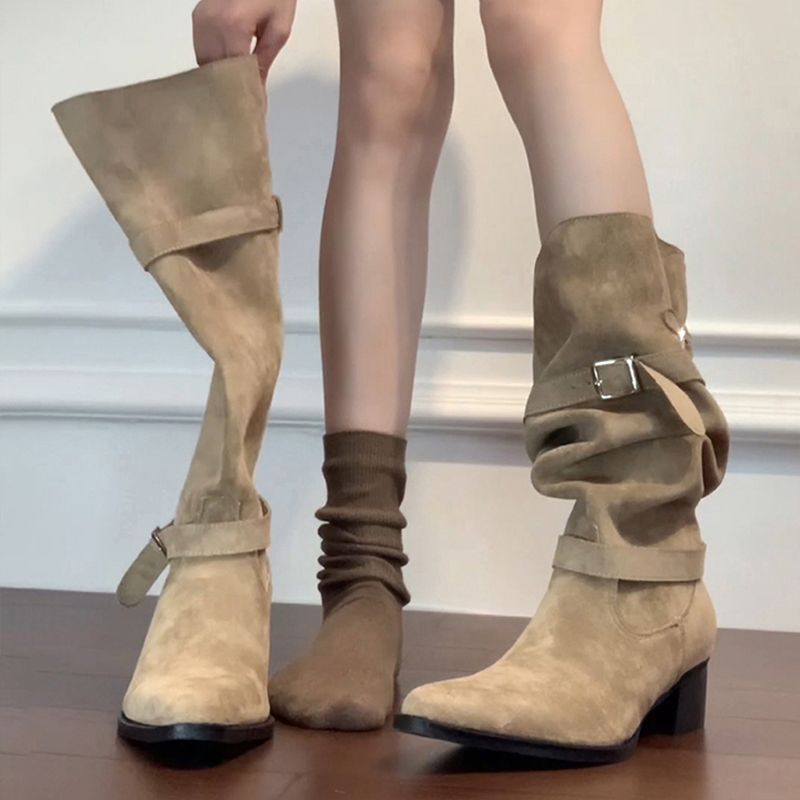 Autumn Khaki Suede Pointed-Toe Boots With Chunky Heels For Women