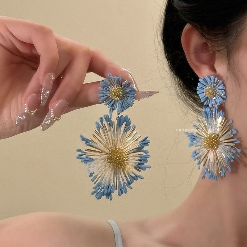Blue Sunflower Earrings With A Seaside Holiday Resort Style