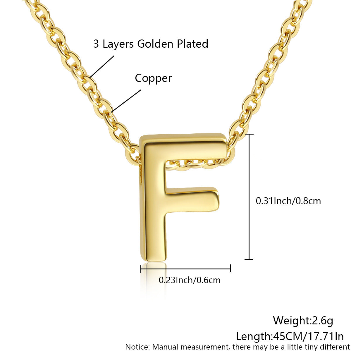 Gold-Plated Copper Necklace With 26 Uppercase English Letters Finely Polished Perforated Pendant On An Exquisite Chain