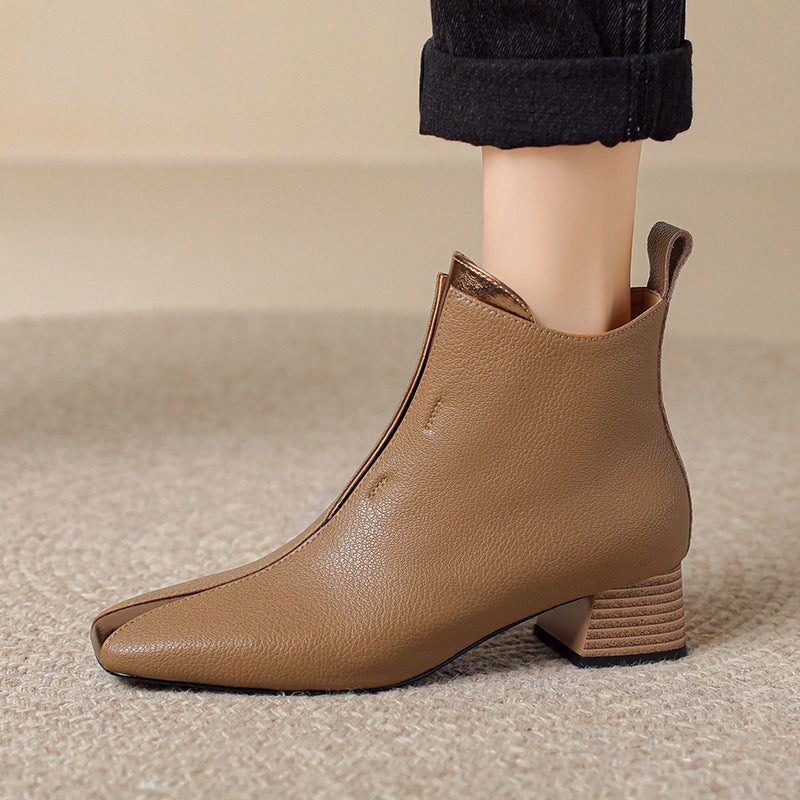 Womens Retro Square-Toe Sheepskin Chunky-Heel Ankle Boots