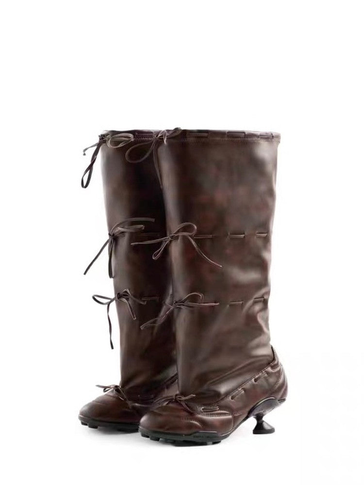 Retro Petite High Heel Ballet Thigh-High Fashion Boots With Bow Tie Straps
