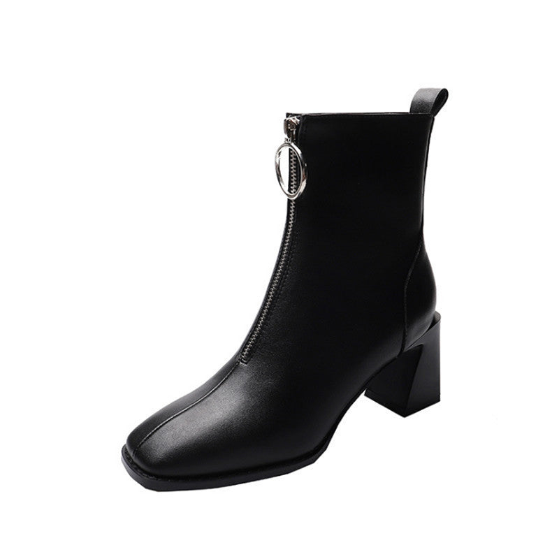Womens Square-Toe Leather Chunky-Heel Boots In British Style
