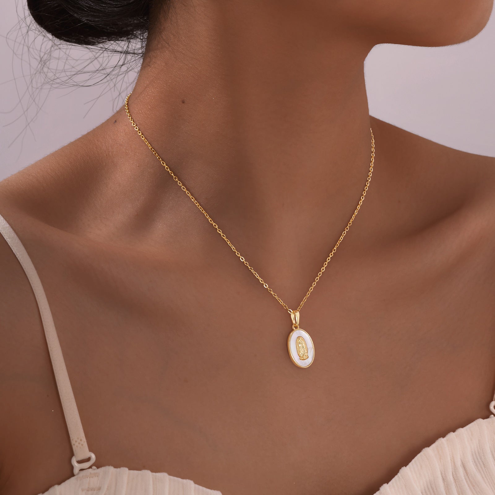 Oval Shell Madonna Pendant Gold Necklace