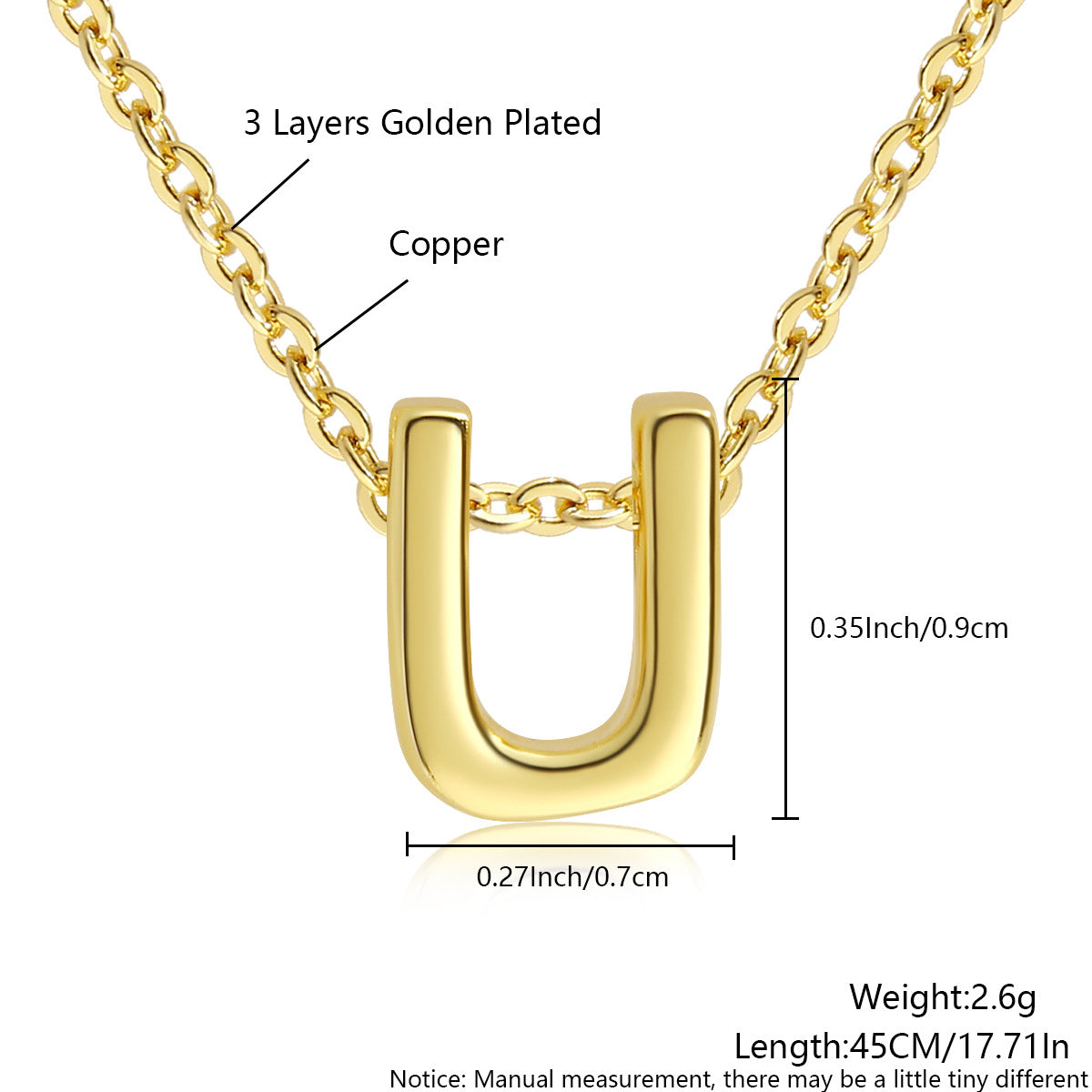 Gold-Plated Copper Necklace With 26 Uppercase English Letters Finely Polished Perforated Pendant On An Exquisite Chain