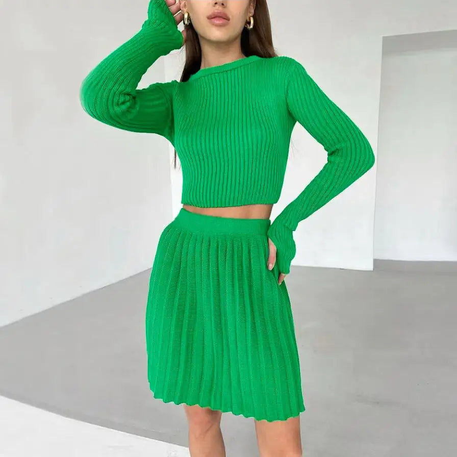 Women's Knitted Short Skirt and Sweater Set