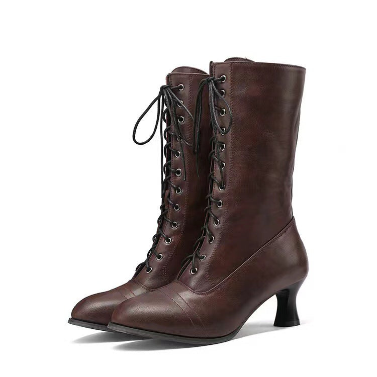 Cross-front Lace-up Low-heeled Womens Mid-calf Boots