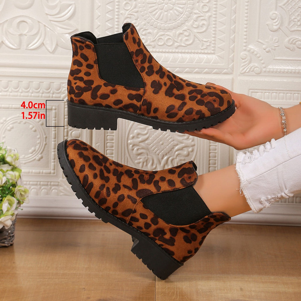New Autumn Mid-Heel Leopard-Print Casual Womens Boots