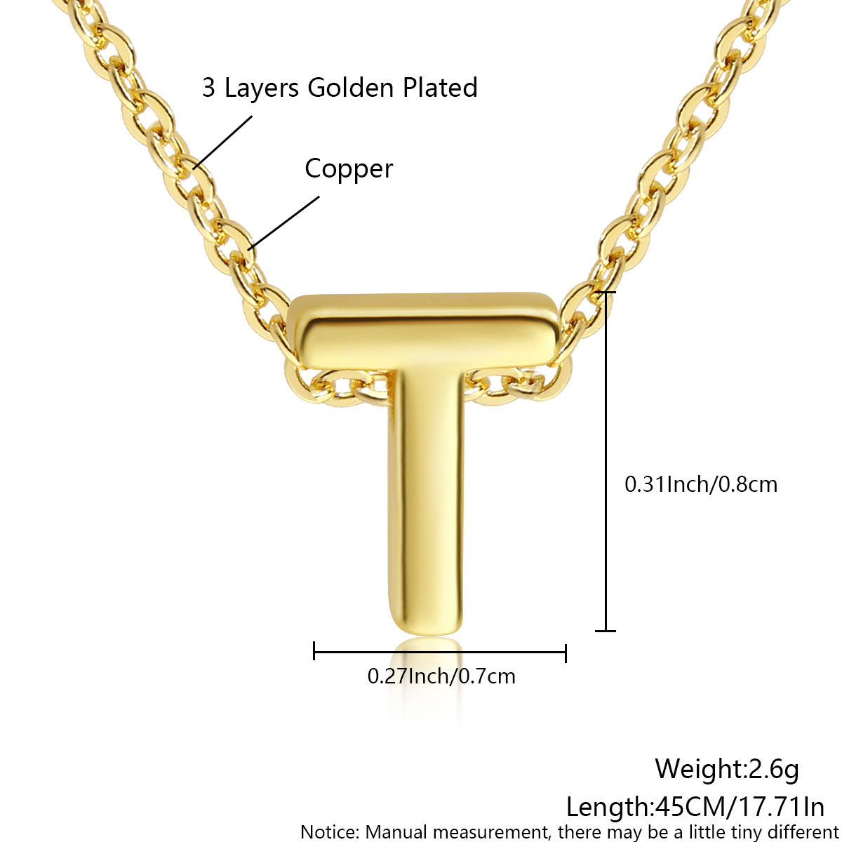 Gold-Plated Copper Necklace With 26 Uppercase English Letters Finely Polished Perforated Pendant On An Exquisite Chain