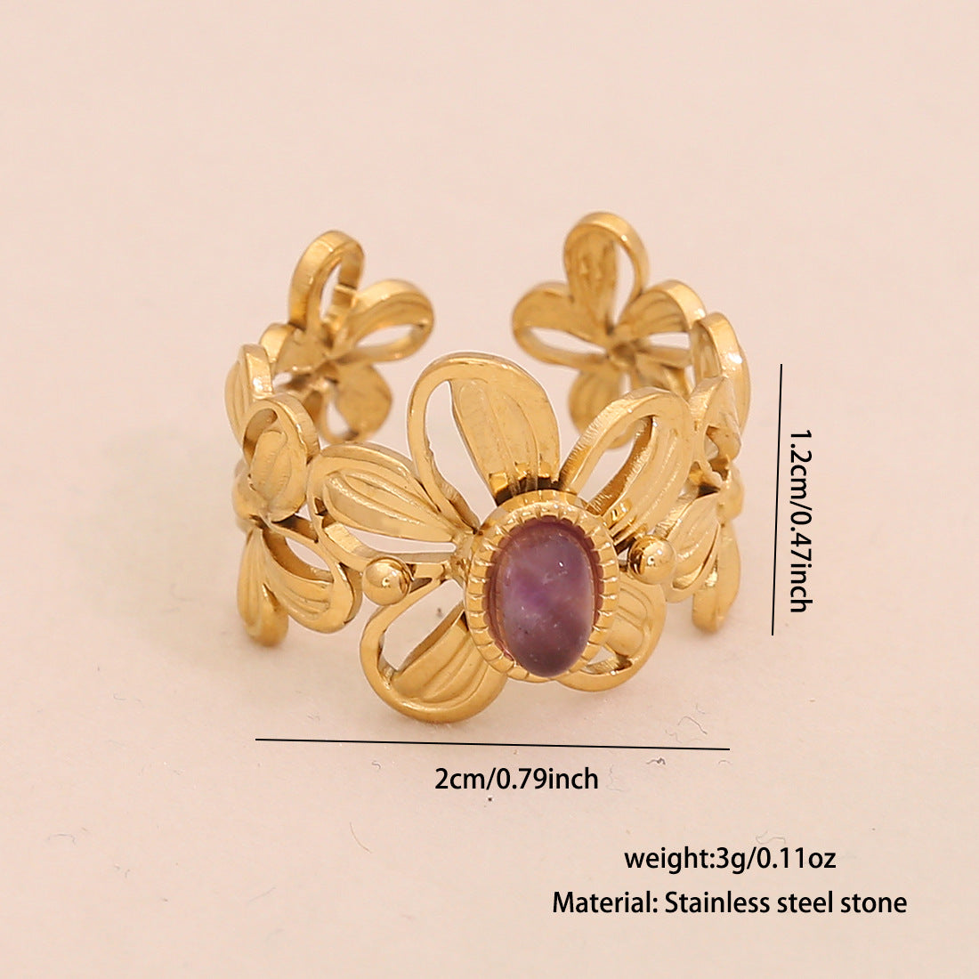 Womens Vintage Adjustable Open Ring With Natural Stone