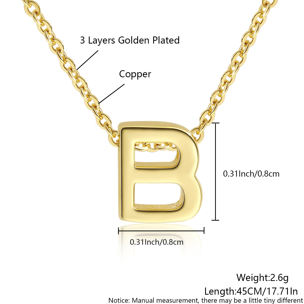 Gold-Plated Copper Necklace With 26 Uppercase English Letters Finely Polished Perforated Pendant On An Exquisite Chain