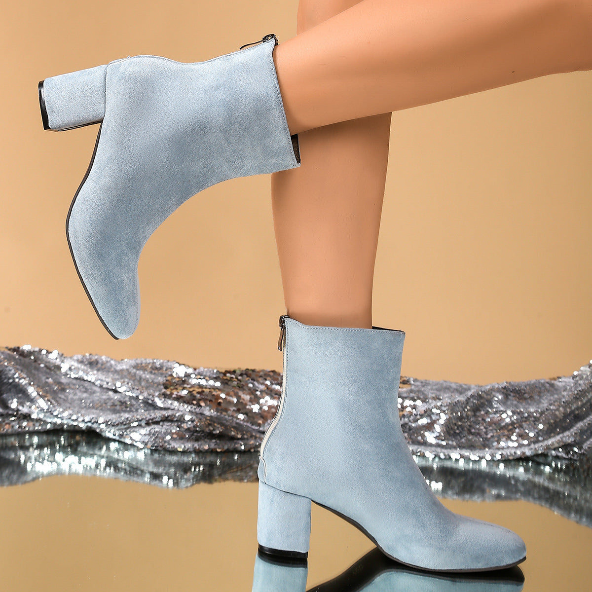 Womens Faux Suede Plus-Size Square-Heel Ankle Boots With Back Zip