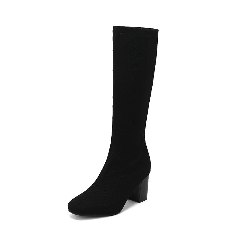 Womens Stretchy Chunky Heel Over-the-Knee Boots