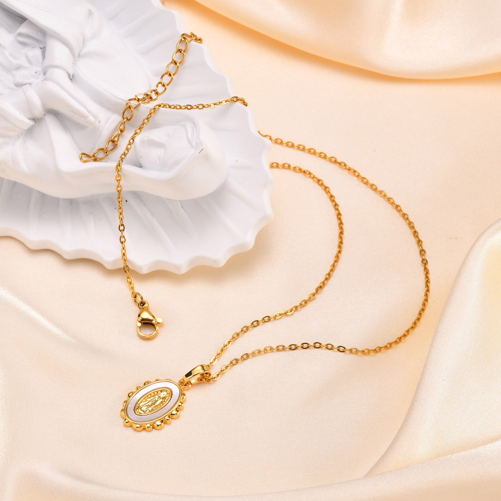 Oval Shell Madonna Pendant Gold Necklace