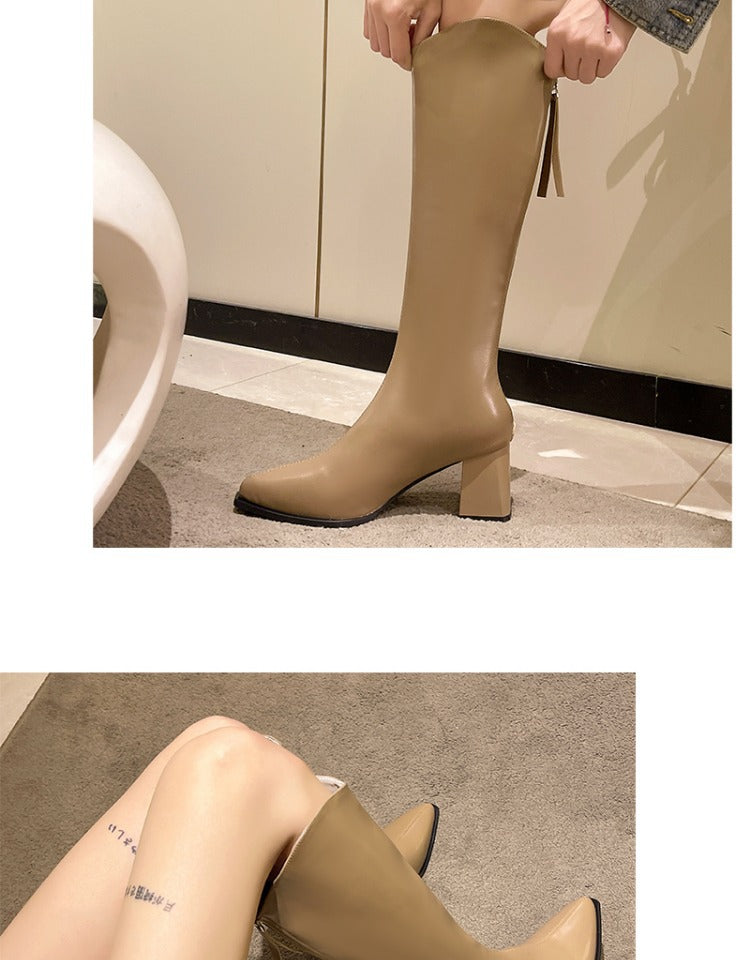FallWinter Plus-Size Womens Chunky-Heel Pointed-Toe Mid-Calf Fashion Boots In A Casual Style