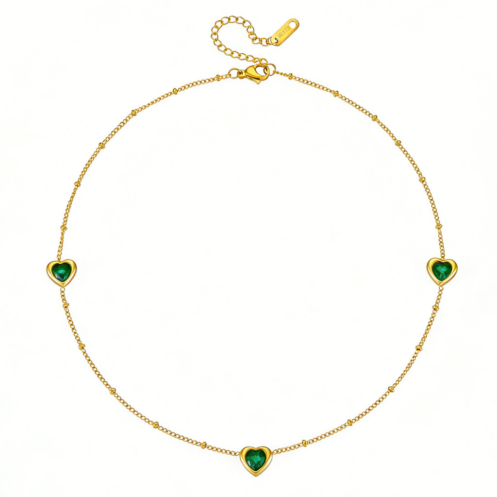 Stainless Steel Necklace And Bracelet With Inlaid Green Diamond Hearts