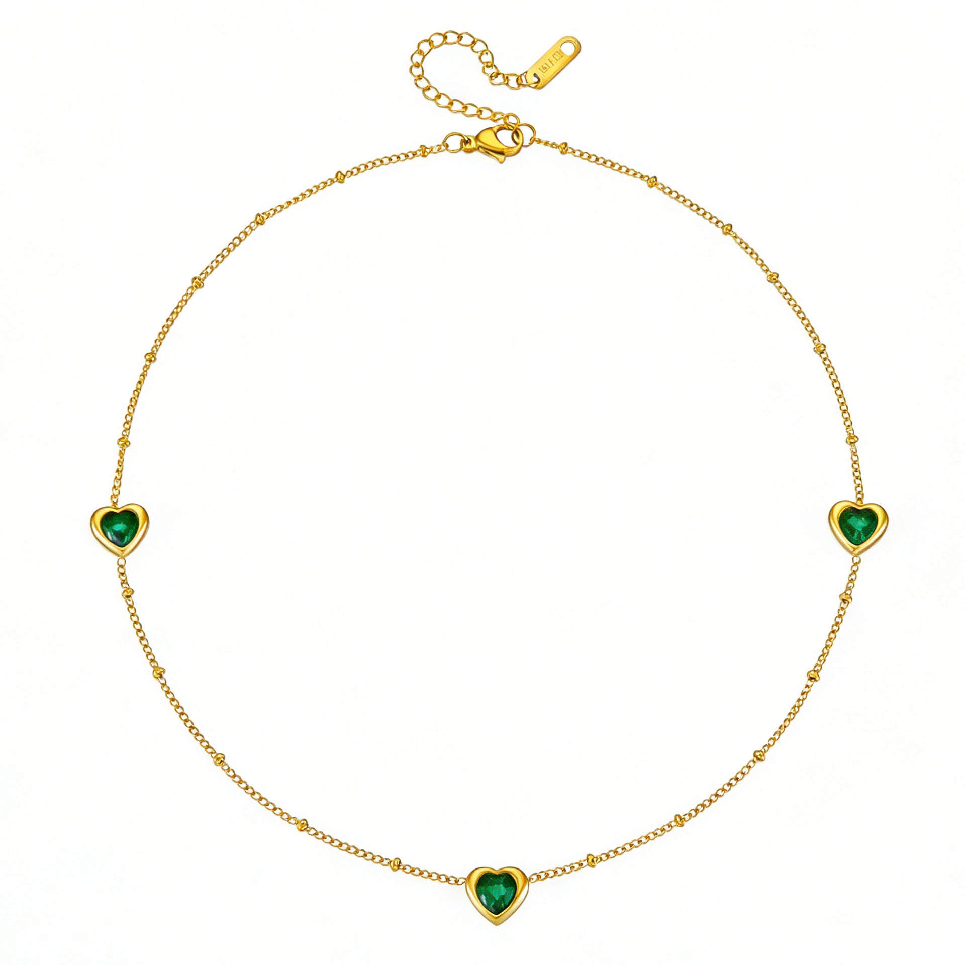 Stainless Steel Necklace And Bracelet With Inlaid Green Diamond Hearts