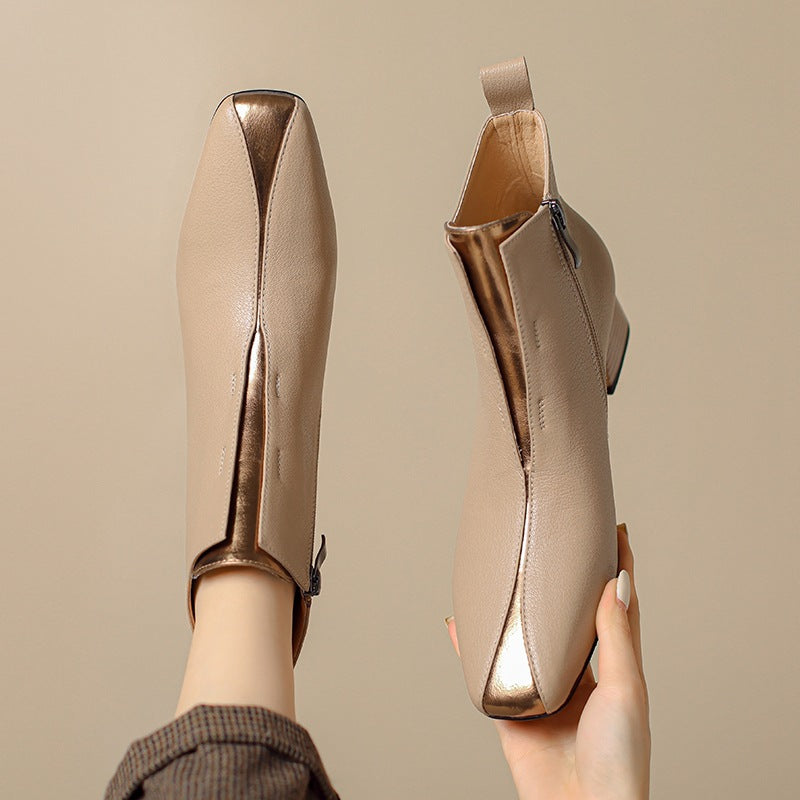 Womens Retro Square-Toe Sheepskin Chunky-Heel Ankle Boots