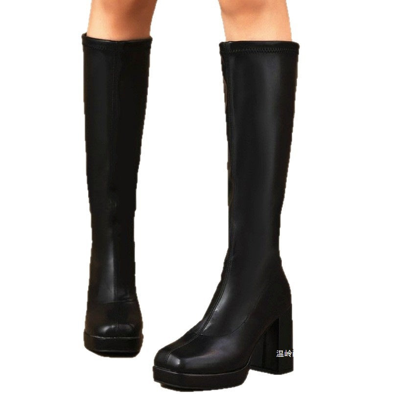 Chunky-Heeled Slimming Plus-Size Womens Leather Boots With Round Toes And Tall Shafts