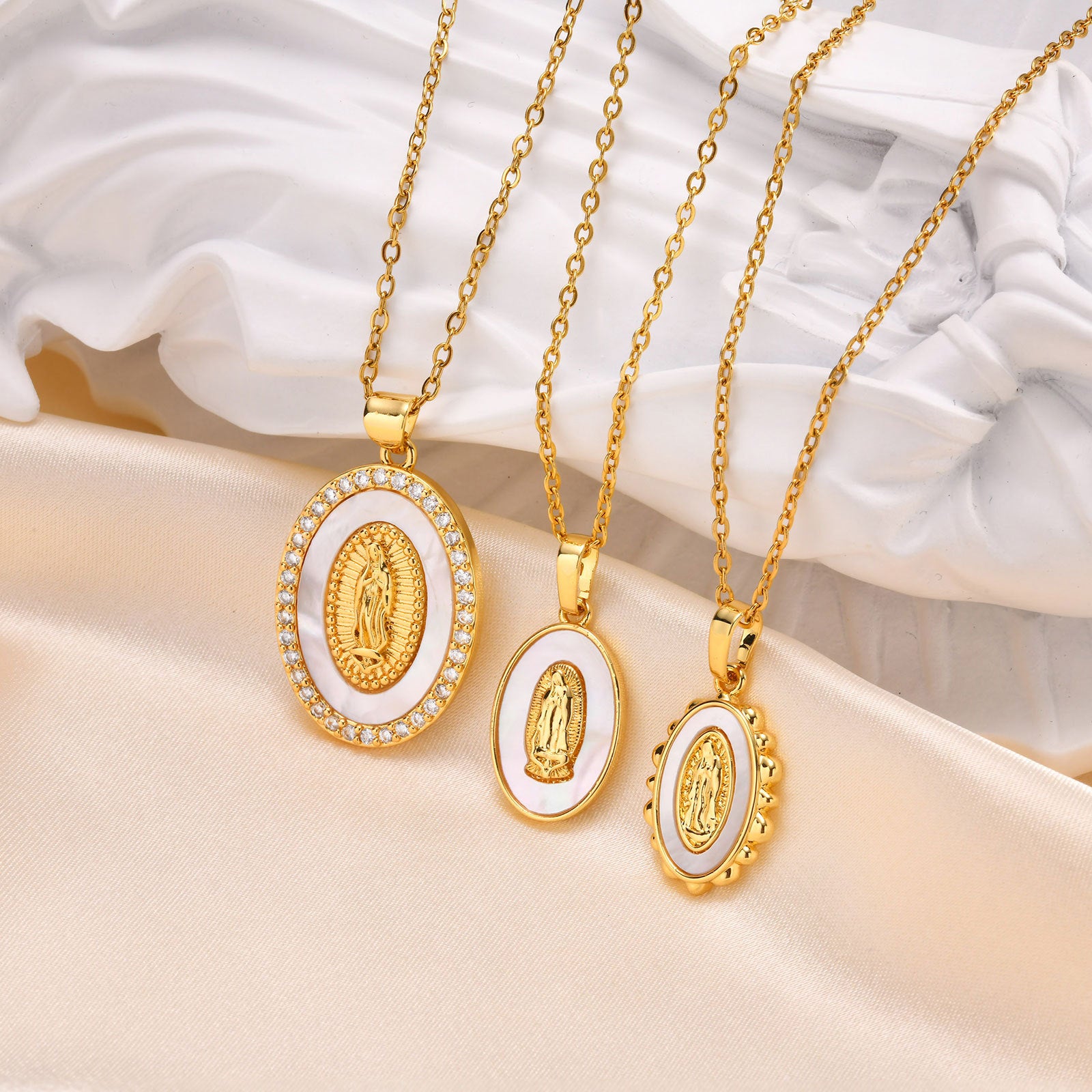 Oval Shell Madonna Pendant Gold Necklace