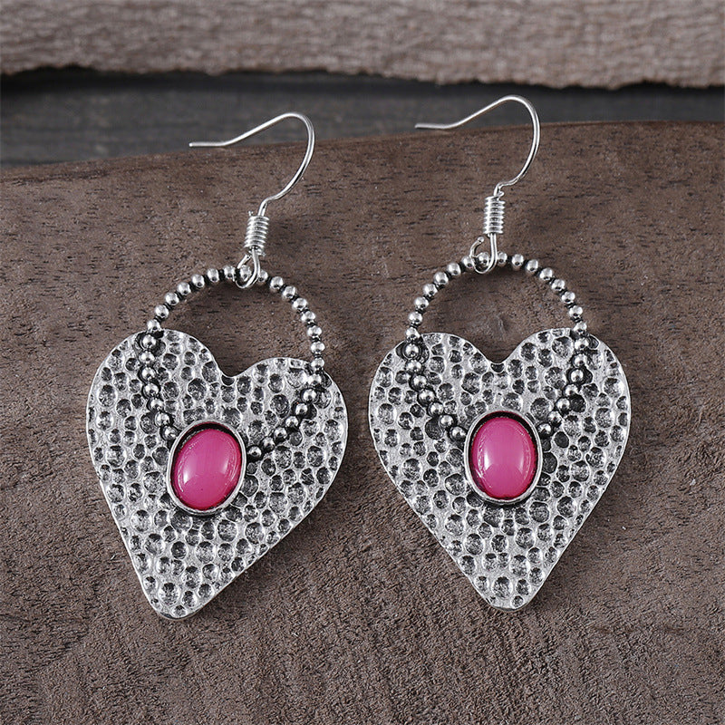 Retro Heart-shaped Alloy Earrings With Gemstone Accents
