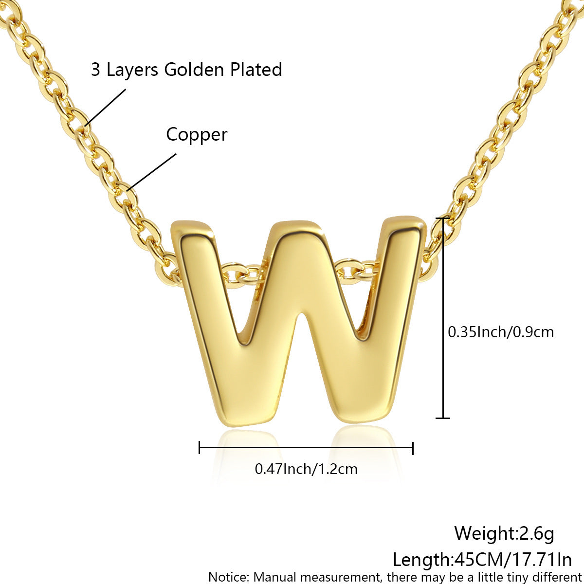 Gold-Plated Copper Necklace With 26 Uppercase English Letters Finely Polished Perforated Pendant On An Exquisite Chain
