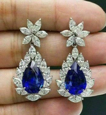 Womens Retro Sapphire Blue Waterdrop Pear-Shaped Diamond-Encrusted Earrings