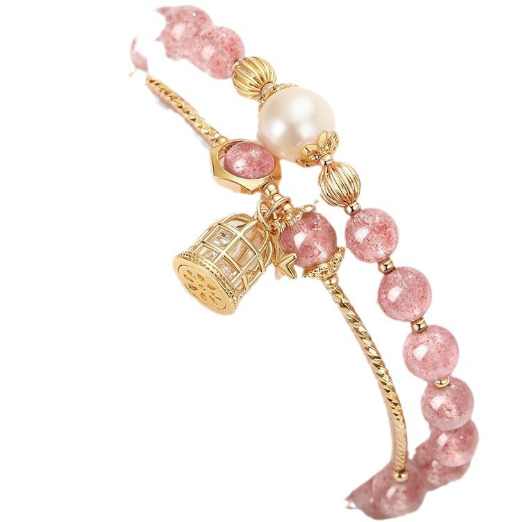 Womens Peach Blossom Strawberry Quartz Bracelet