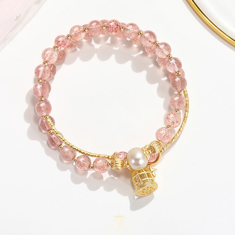 Womens Peach Blossom Strawberry Quartz Bracelet