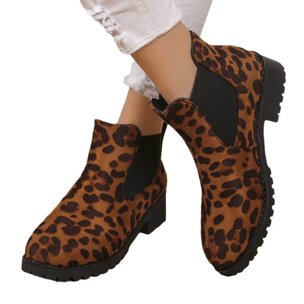 New Autumn Mid-Heel Leopard-Print Casual Womens Boots