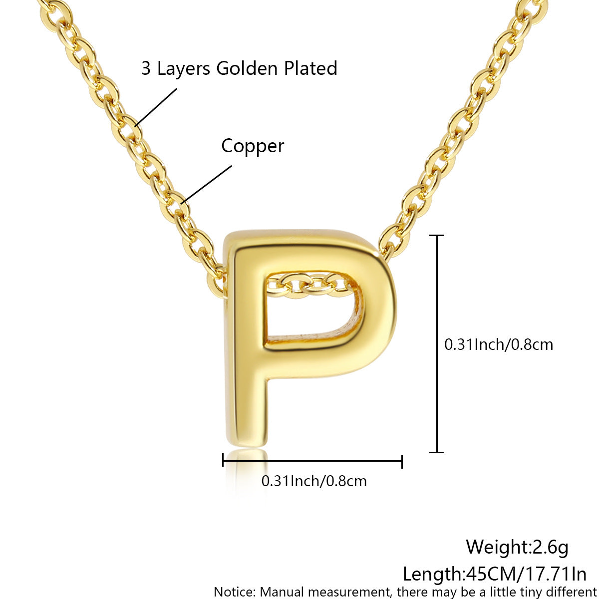 Gold-Plated Copper Necklace With 26 Uppercase English Letters Finely Polished Perforated Pendant On An Exquisite Chain