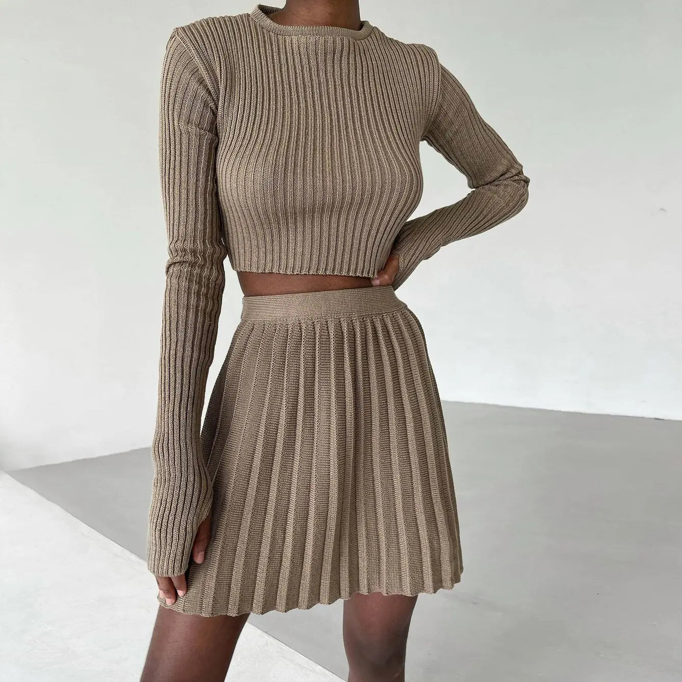 Women's Knitted Short Skirt and Sweater Set